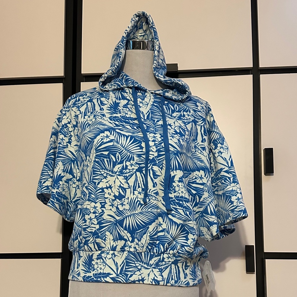 Ivory Ella Blue and White Tropical Cropped Hoodie NWT
